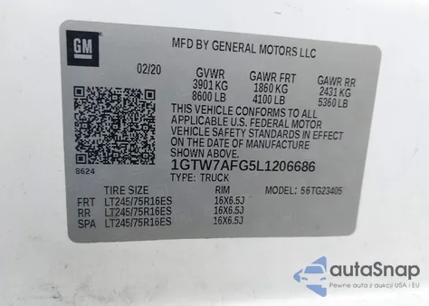 2020 GMC Savana Cargo Rwd 2500 Regular Wheelbase Work Van из США, поврежденный, VIN 1GTW7AFG5L1206686